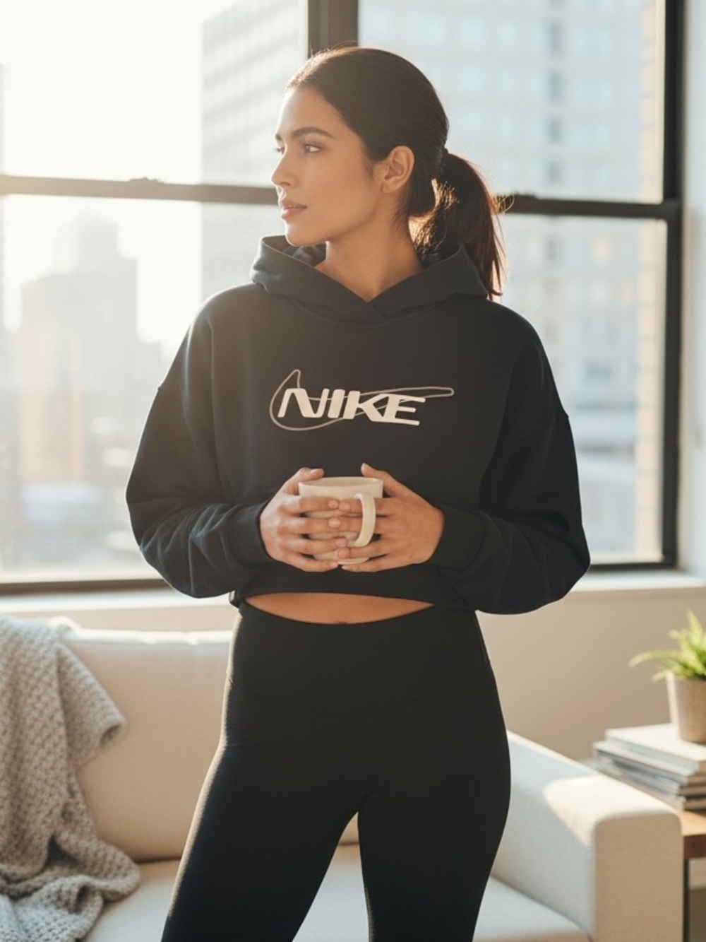 Nike Black Cropped Oversized Hoodie Script Graphic Fleece Pullover Fits Size S